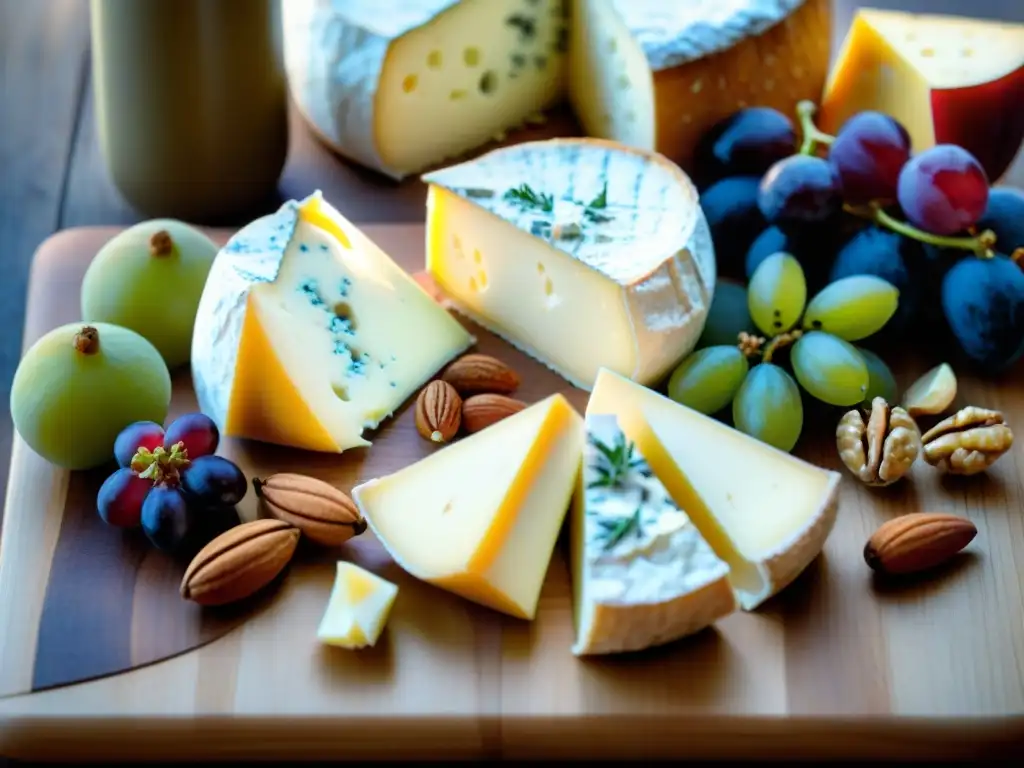 Deléitate con una exquisita tabla de quesos franceses acompañados de baguettes, uvas, higos y nueces