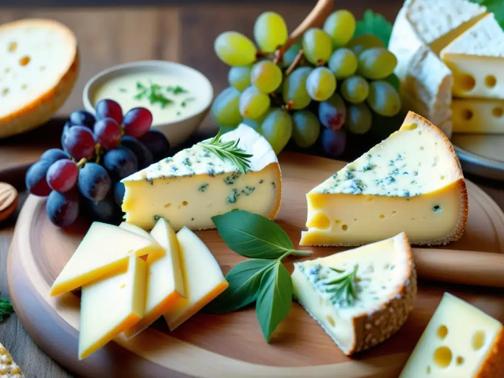 Una exquisita tabla de quesos franceses con baguette, uvas y nueces