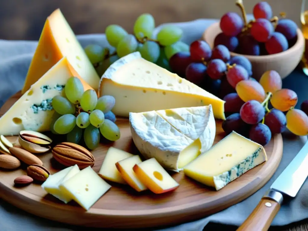 Una exquisita tabla de quesos franceses perfectamente maridados con uvas, nueces y miel