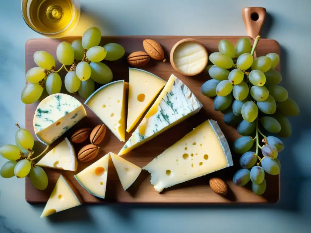 Una exquisita tabla de quesos franceses recomendados para cata, con uvas, crackers y nueces, dispuestos de forma artística