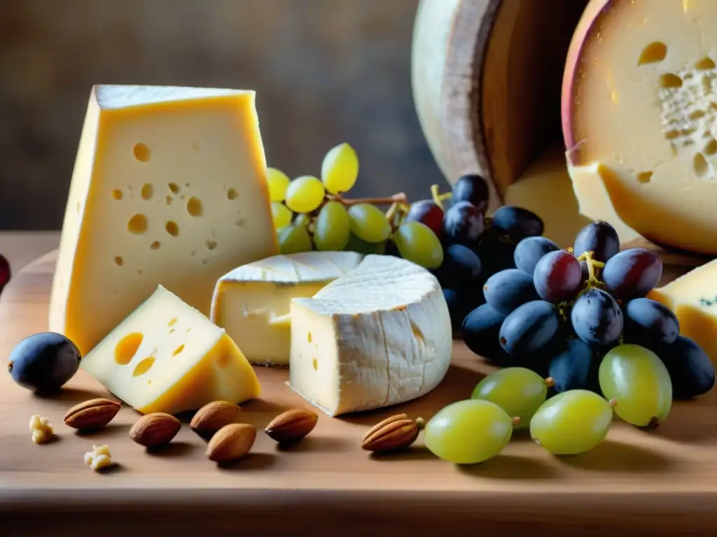 Una exquisita tabla de quesos con Queso Chaource: características, origen y recetas, rodeado de frutas y nueces en una bodega acogedora