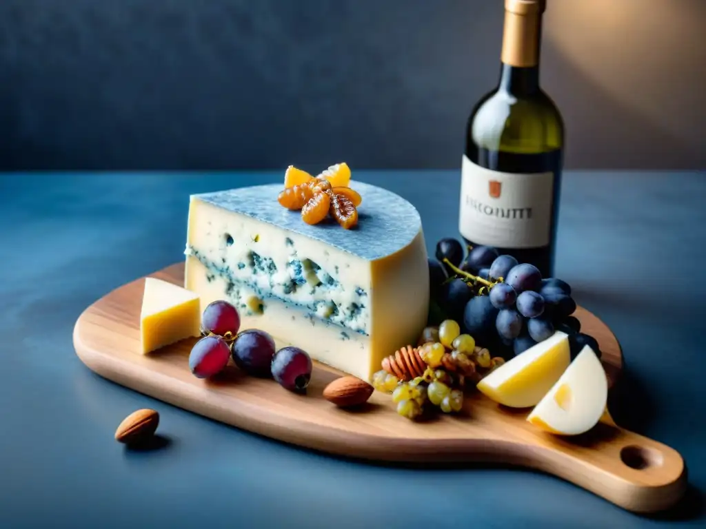 Exquisita tabla de quesos y vinos, ideal para recetas con queso Roquefort innovadoras