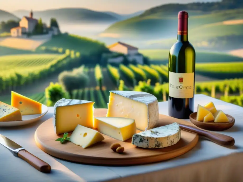 Delicias francesas: Quesos y vinos en viñedo dorado Exquisita tabla de quesos y vinos franceses en entorno campestre: frescura y color de la cocina francesa