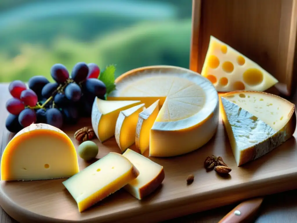 Exquisita tabla de queso Mont d'Or con baguette, uvas y miel, bañada en luz natural