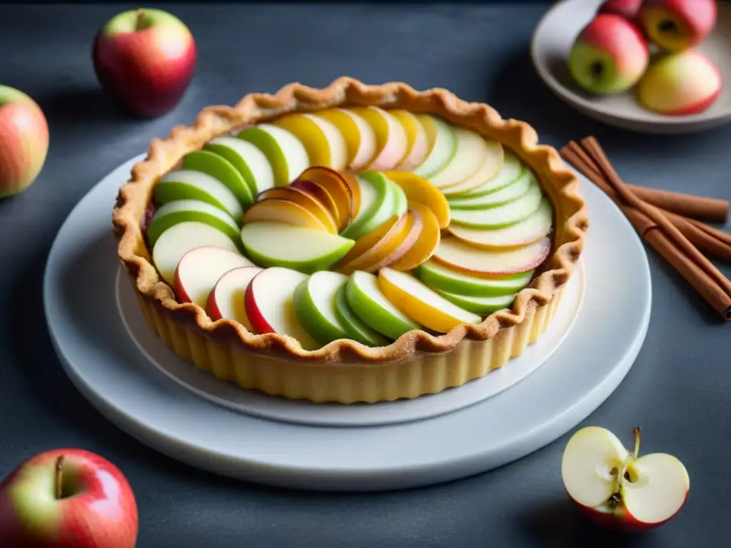 Una exquisita Tarte Normande recién horneada con manzanas y calvados, resplandeciendo en la luz natural