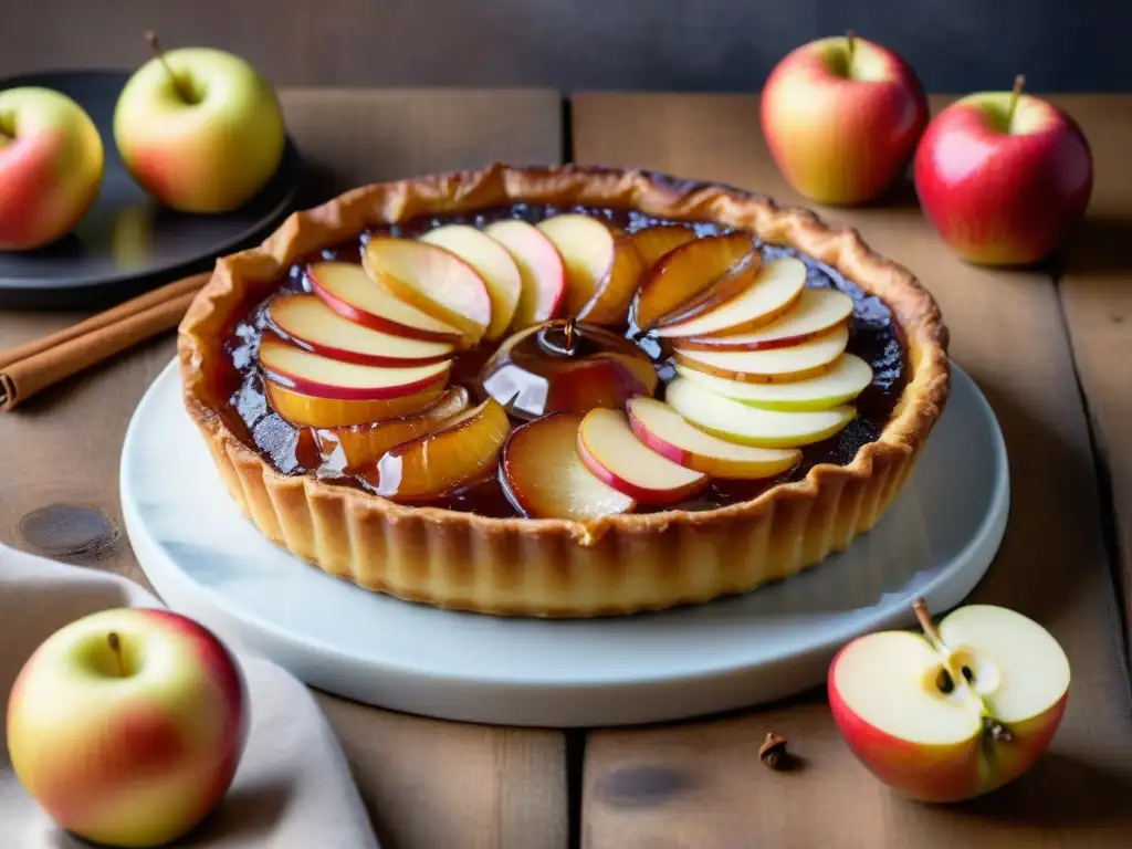 Una exquisita Tarte Tatin francesa en una mesa rústica, fusionando sabor y salud en la dieta mediterránea