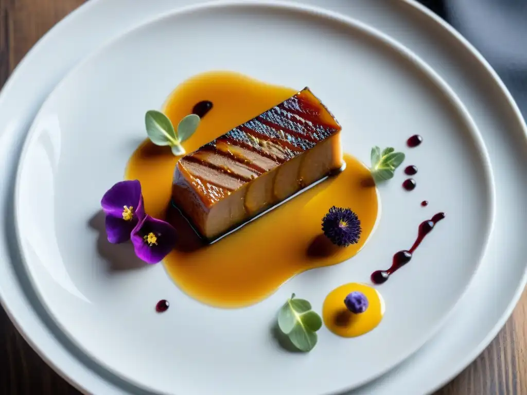 Una exquisita terrina de foie gras con flores comestibles y reducción de vino Sauternes