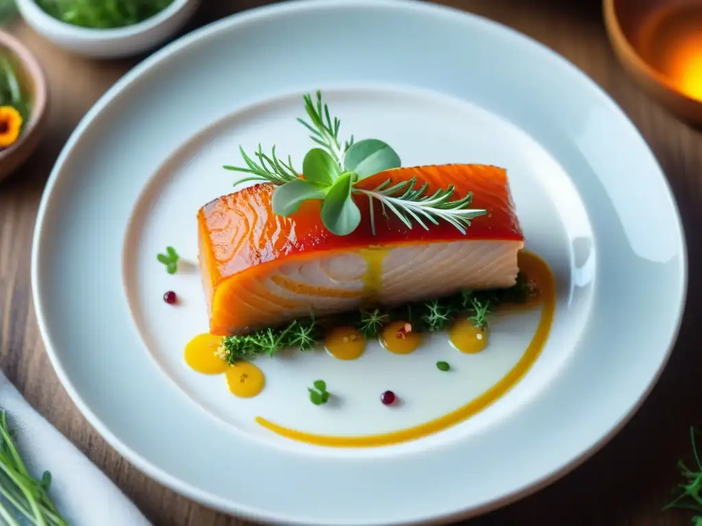 Una exquisita terrina de pescado estilo francés, decorada con detalle y elegancia en plato blanco