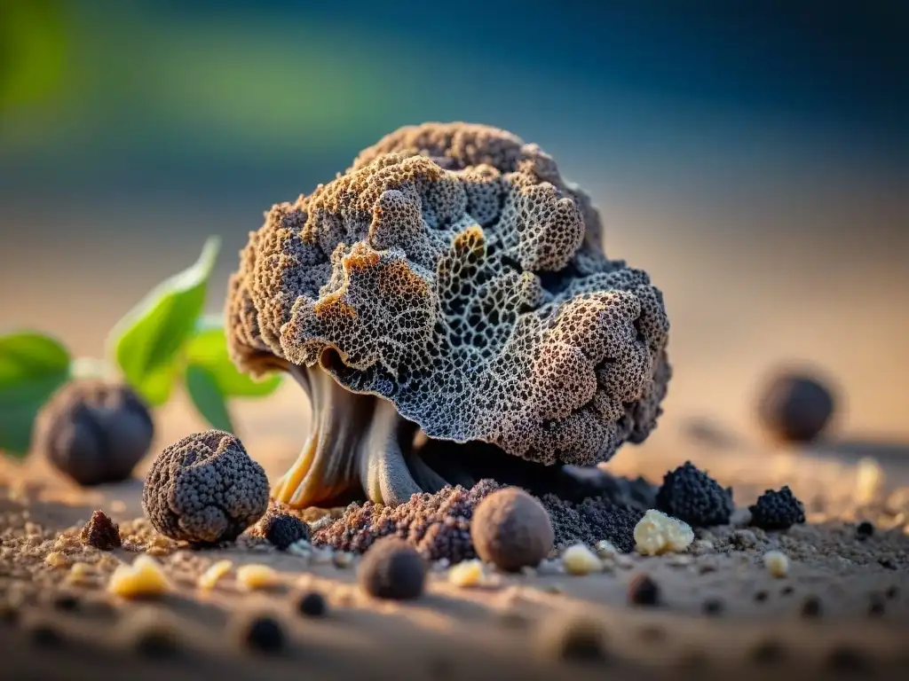 Exquisita trufa negra de Provenza recién desenterrada, con textura terrosa y forma única, rodeada de tierra