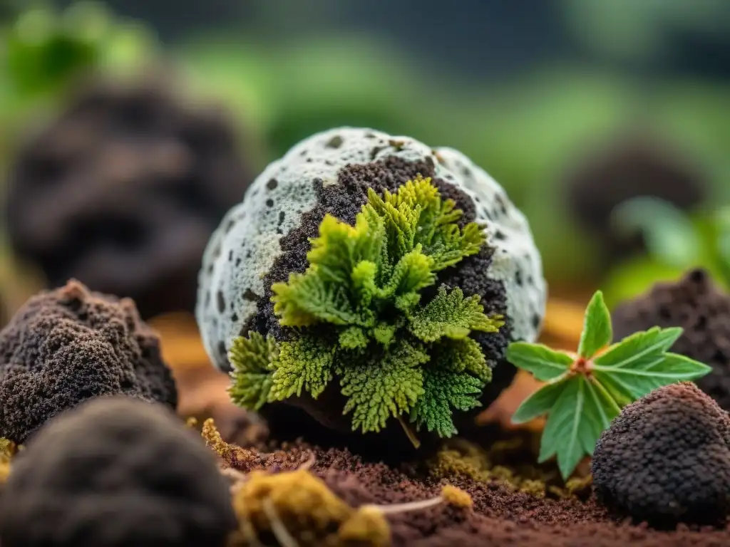 Exquisita trufa Périgord en musgo y tierra del bosque, detalle único