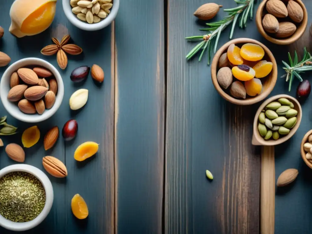 Una exquisita variedad de frutos secos y frutas secas en gastronomía francesa, dispuestos con elegancia en una mesa rústica