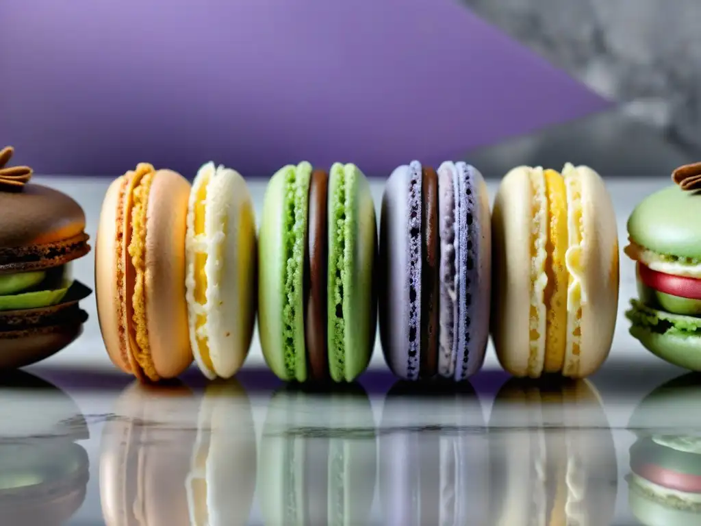 Una exquisita variedad de macarons franceses con combinaciones innovadoras, dispuestos elegantemente en una encimera de mármol