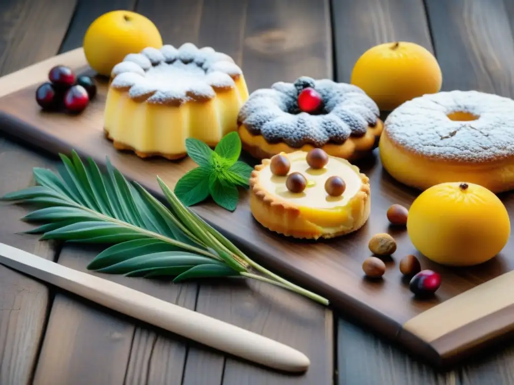 Delicias corsas: postres tradicionales en mesa rústica Una exquisita variedad de postres corsos tradicionales, sabores únicos gastronomía corsica, presentados con detalle en mesa rústica
