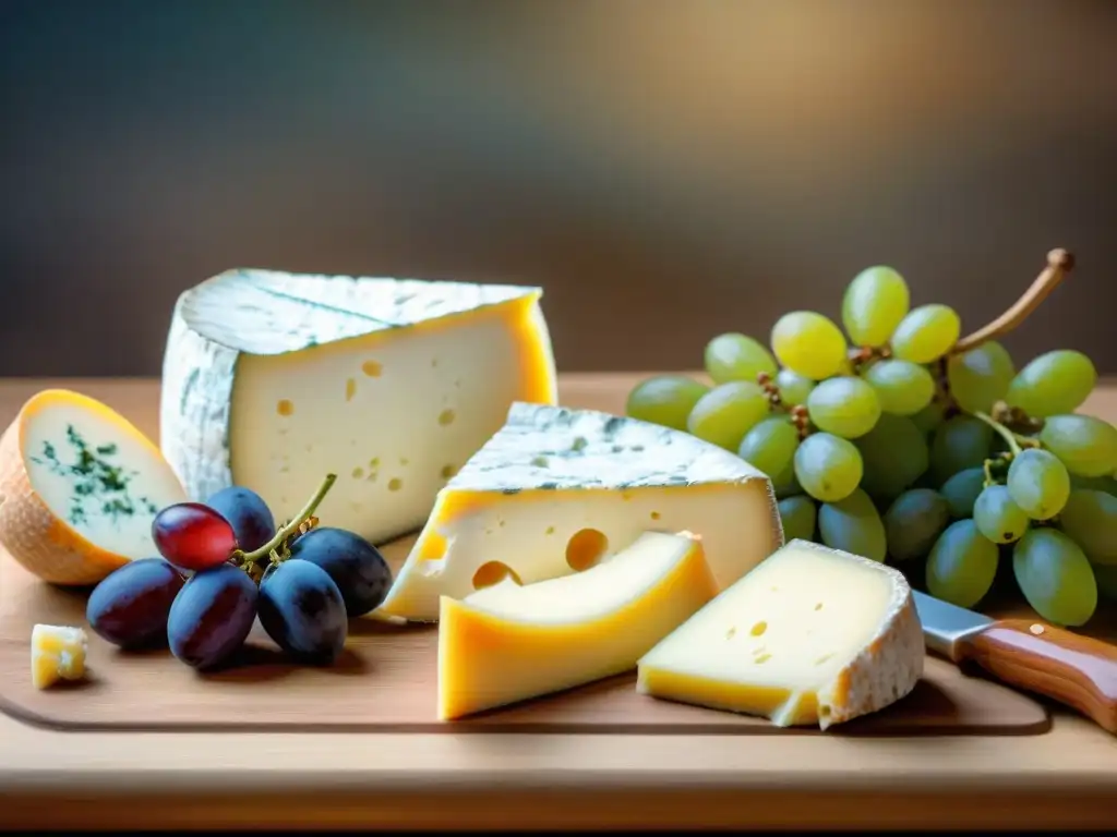 Una exquisita variedad de quesos franceses tradicionales de diferentes regiones sobre una tabla de madera