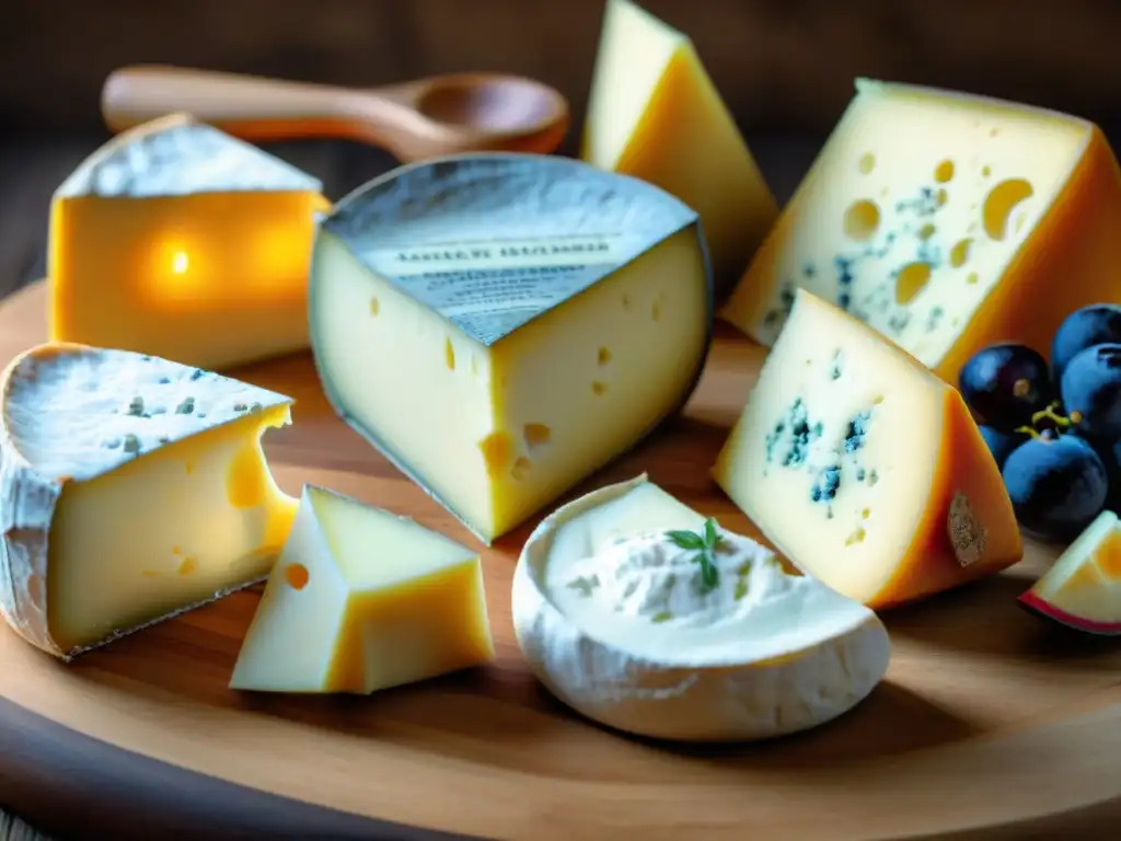 Una exquisita variedad de quesos franceses suaves y cremosos en una tabla de madera rústica, bañados por la cálida luz del sol