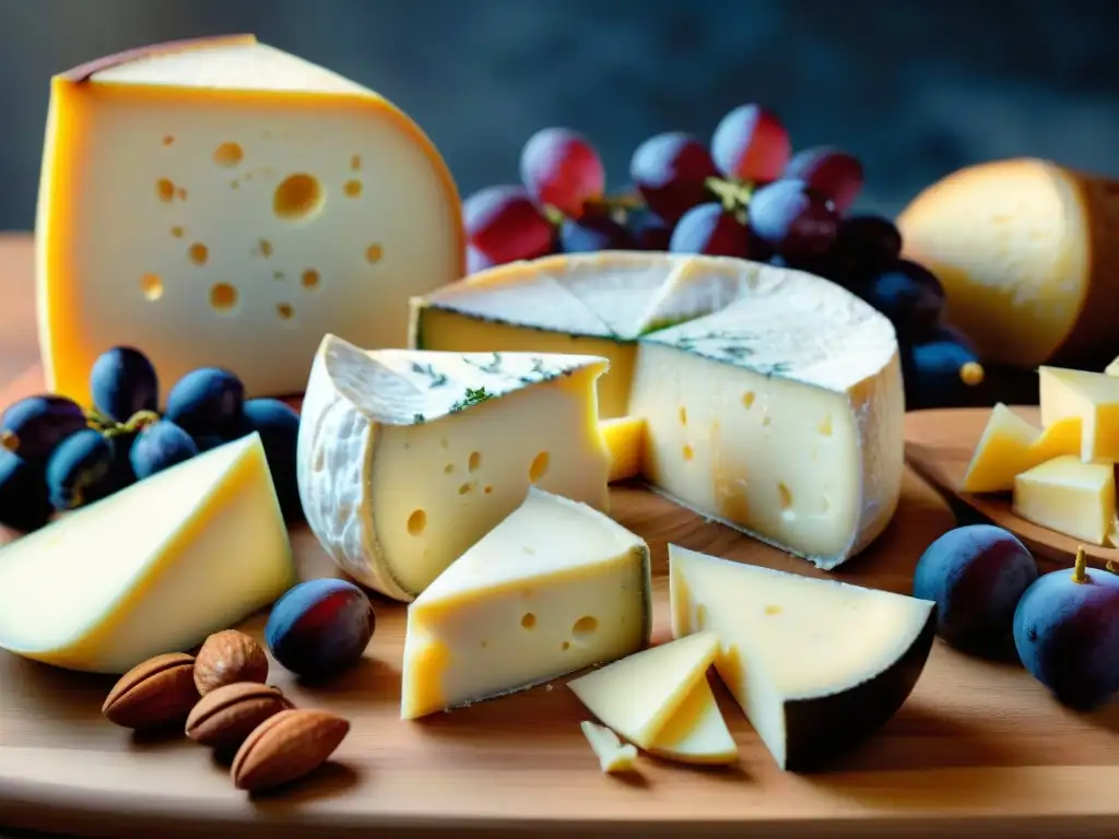 Una exquisita variedad de quesos franceses artesanales en una tabla rústica