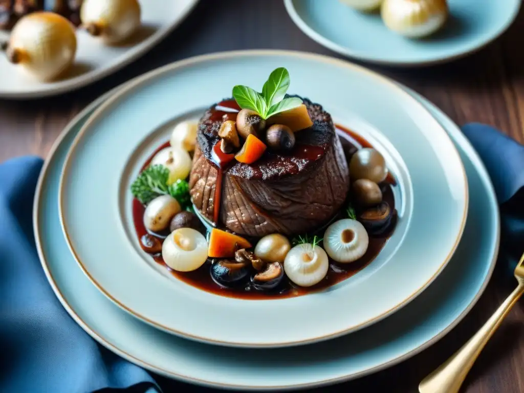 Deléitate con la exquisitez de un Beef Bourguignon en platos imperiales de la gastronomía francesa