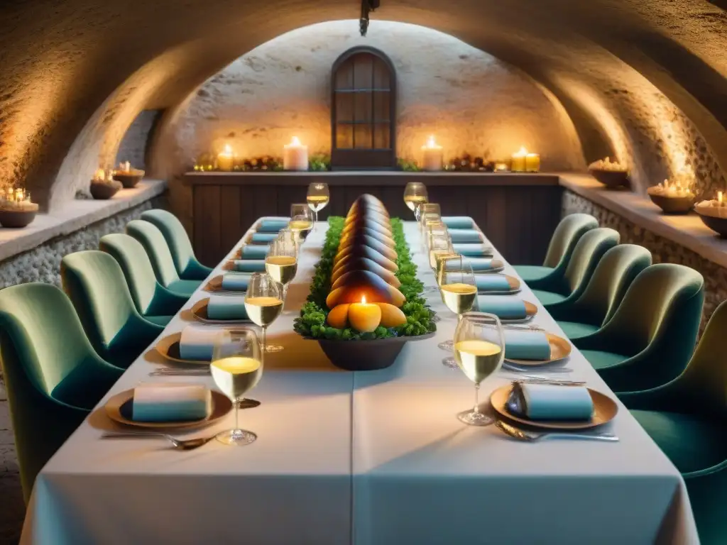 Un exquisito banquete en una bodega subterránea iluminada por velas en Francia