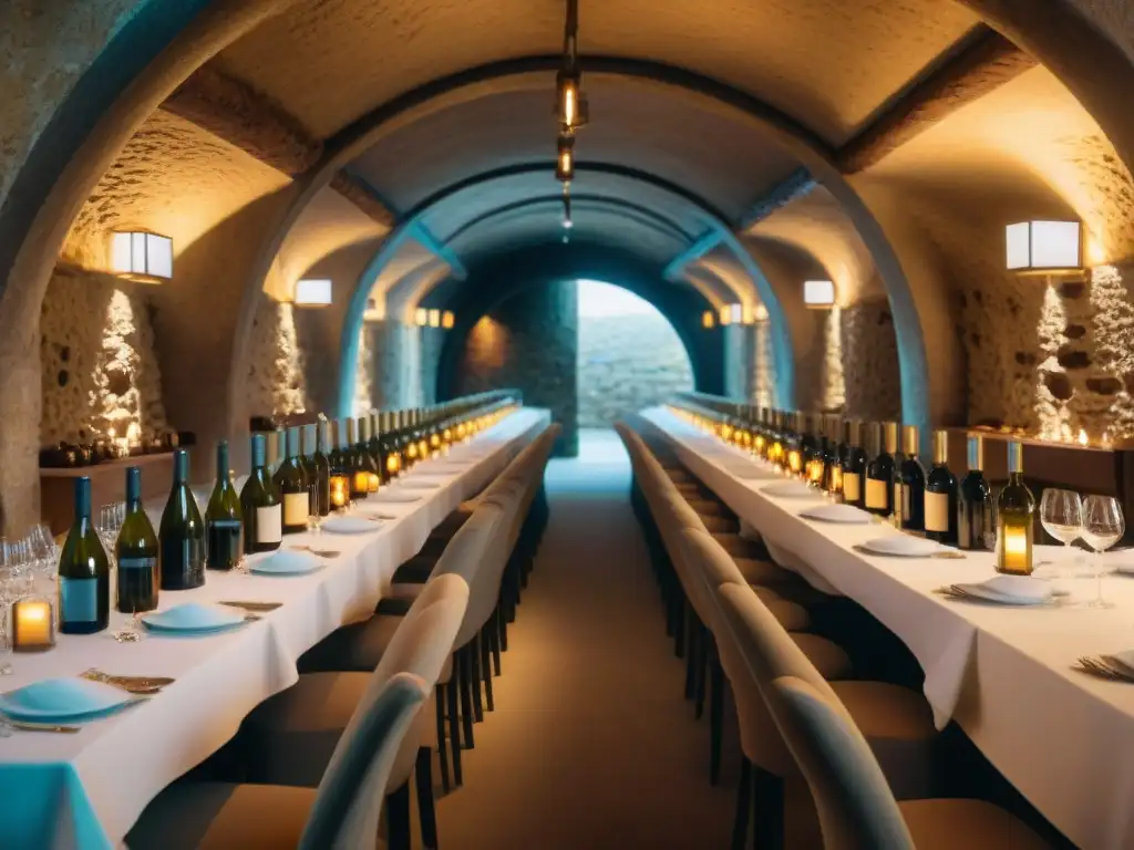 Un exquisito banquete en una bodega subterránea francesa iluminada por velas