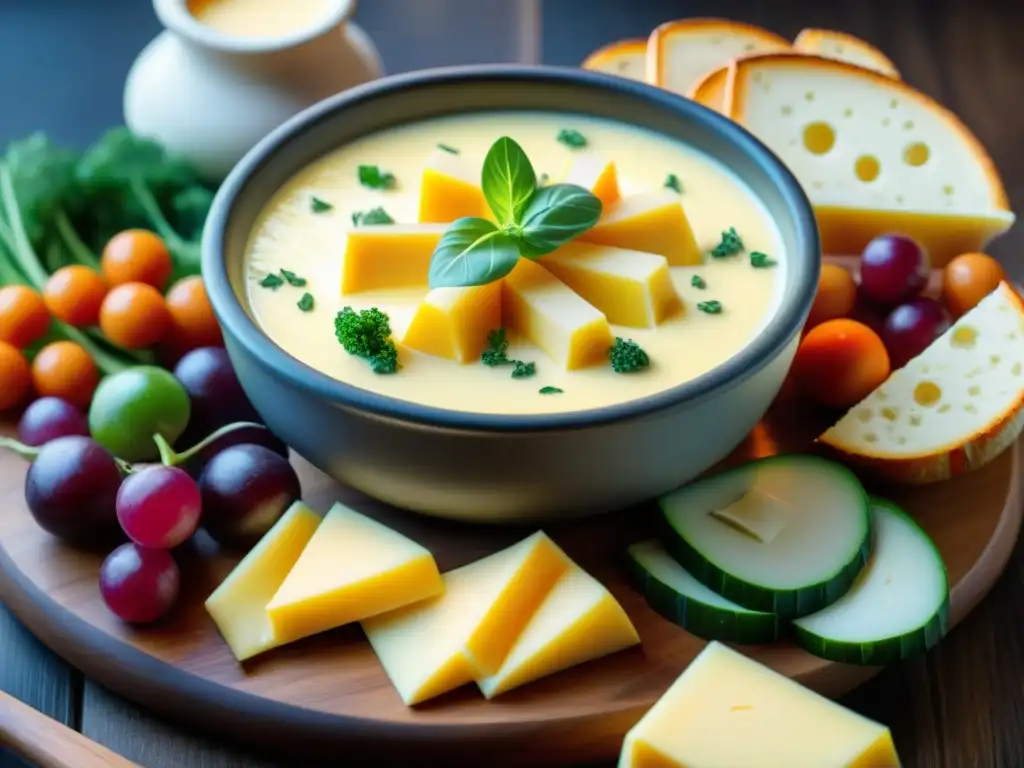 Un exquisito banquete con la mejor fondue queso estilo francés, rodeado de coloridos ingredientes frescos y embutidos perfectamente cortados