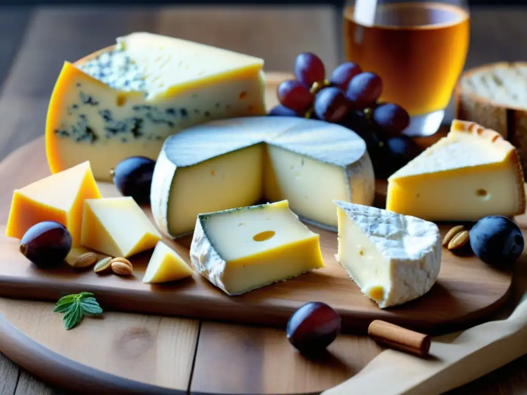 Exquisita selección de quesos franceses en tabla rústica Un exquisito banquete de quesos franceses para impresionar invitados, con uvas, higos, crackers y miel, en una tabla rústica
