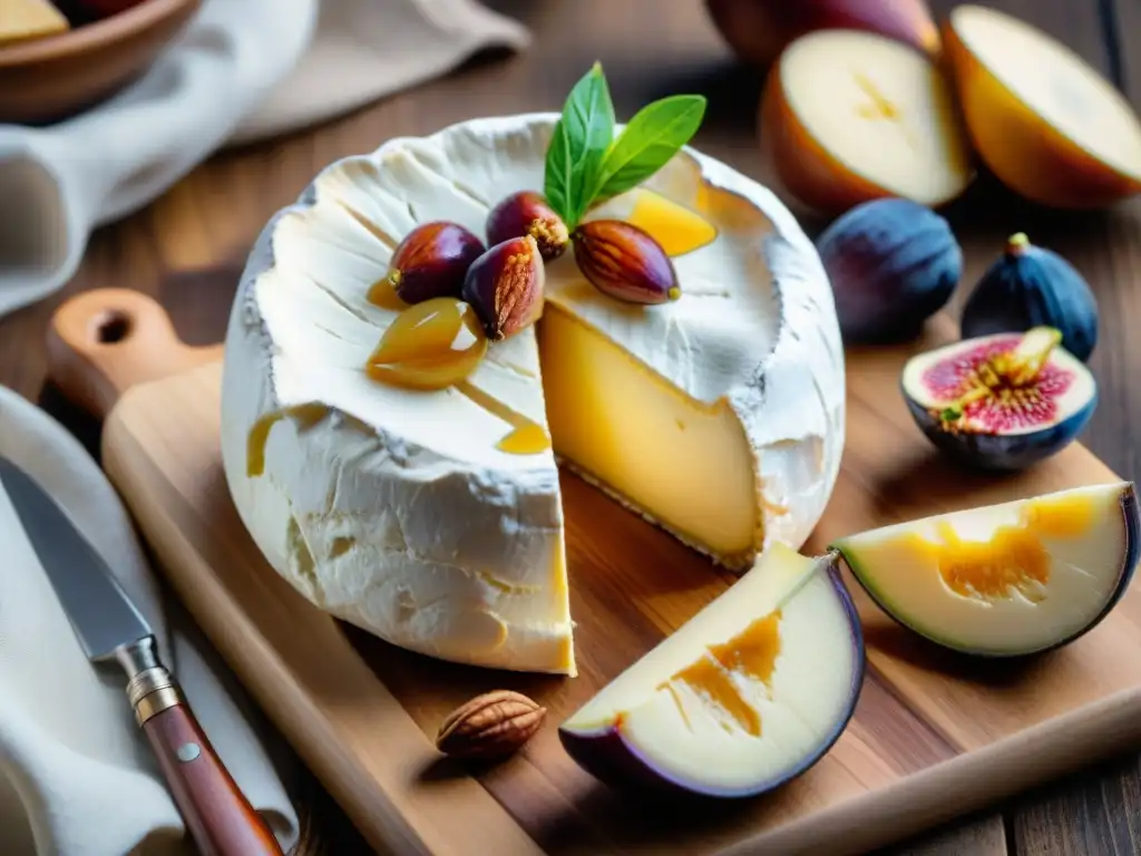 Un exquisito Camembert de Normandía tradicional rodeado de acompañamientos franceses