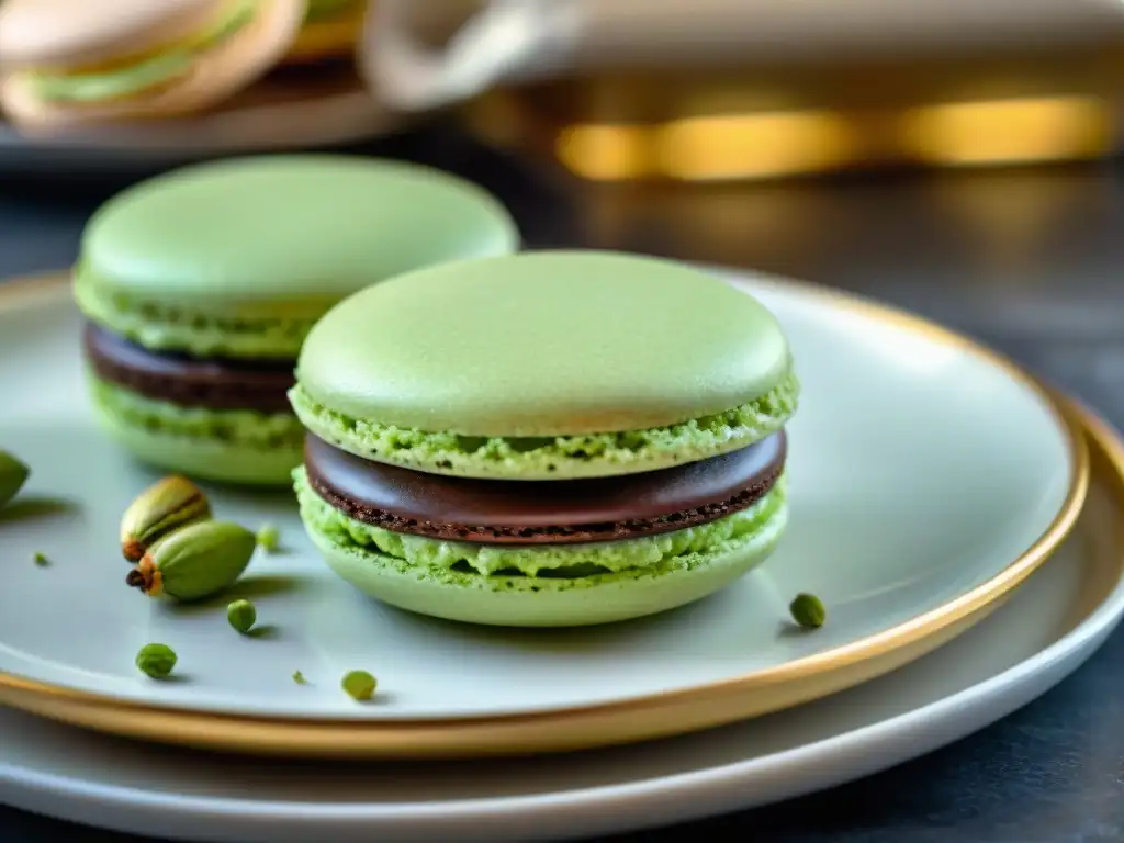 Un exquisito macaron de cardamomo en un entorno de repostería francés, fusionando innovación y tradición