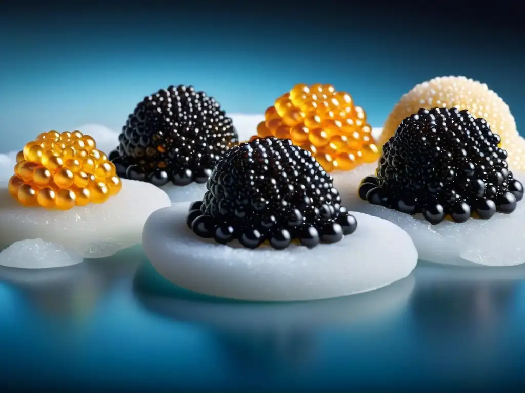 Exquisito caviar francés en hielo, variedad de tamaños, colores y texturas