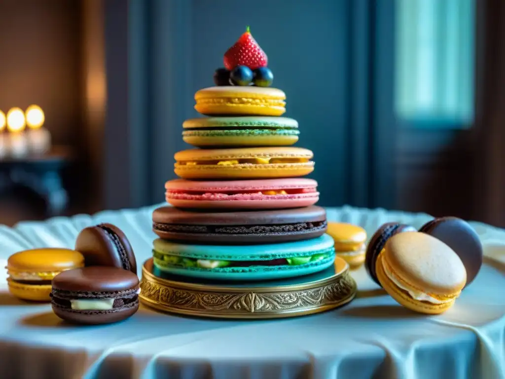 Un exquisito centro de mesa comestible francés con macarons, pastelería, frutas frescas y decoraciones de chocolate en una elegante mesa