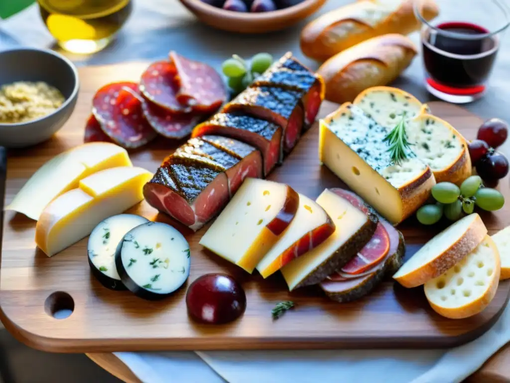 Exquisito charcuterie francés: Andouillette, quesos, baguettes, cornichons, mostaza y vino tinto en tabla rústica