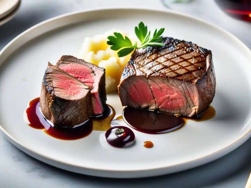 Un exquisito contraste entre Chateaubriand y Filet Mignon en un plato blanco impecable