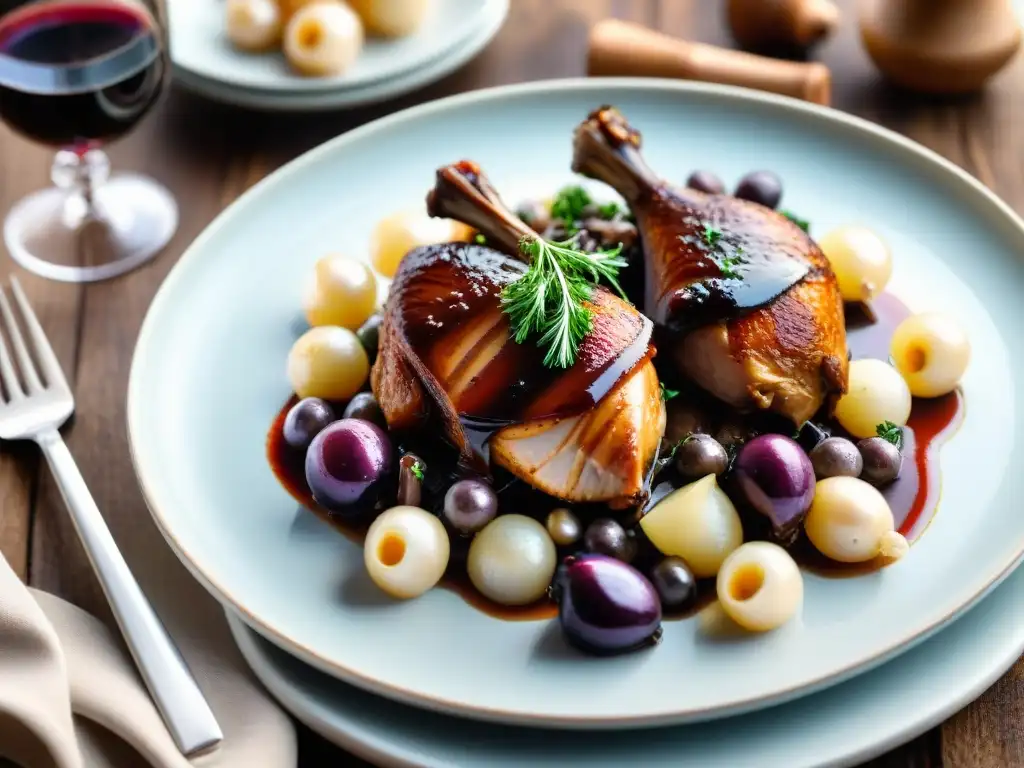 Exquisito Coq au Vin francés con salsa de vino tinto, en una presentación delicada