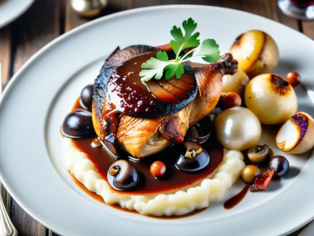 Exquisito Coq au Vin con salsa de vino tinto, ideal para maridar con vinos ideales para platos franceses