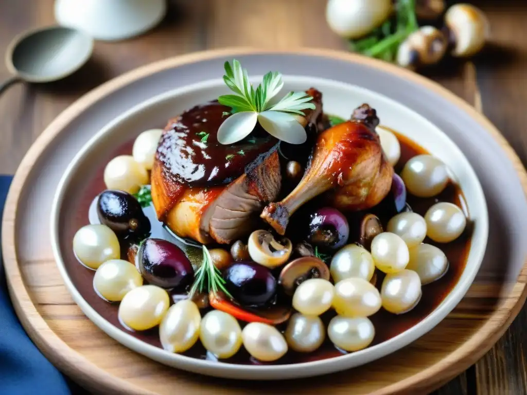 Un exquisito Coq au Vin francés, innovaciones culinarias francesas fotografía alimentos