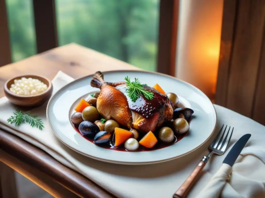 Fotografía de un exquisito Coq au Vin en un entorno campestre francés para Instagram