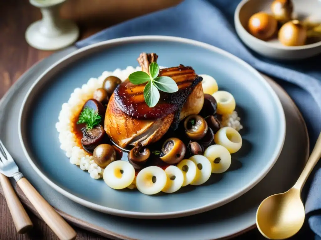 Exquisito Coq au Vin en plato de cerámica rústica resalta la importancia en la presentación de platos de la gastronomía francesa