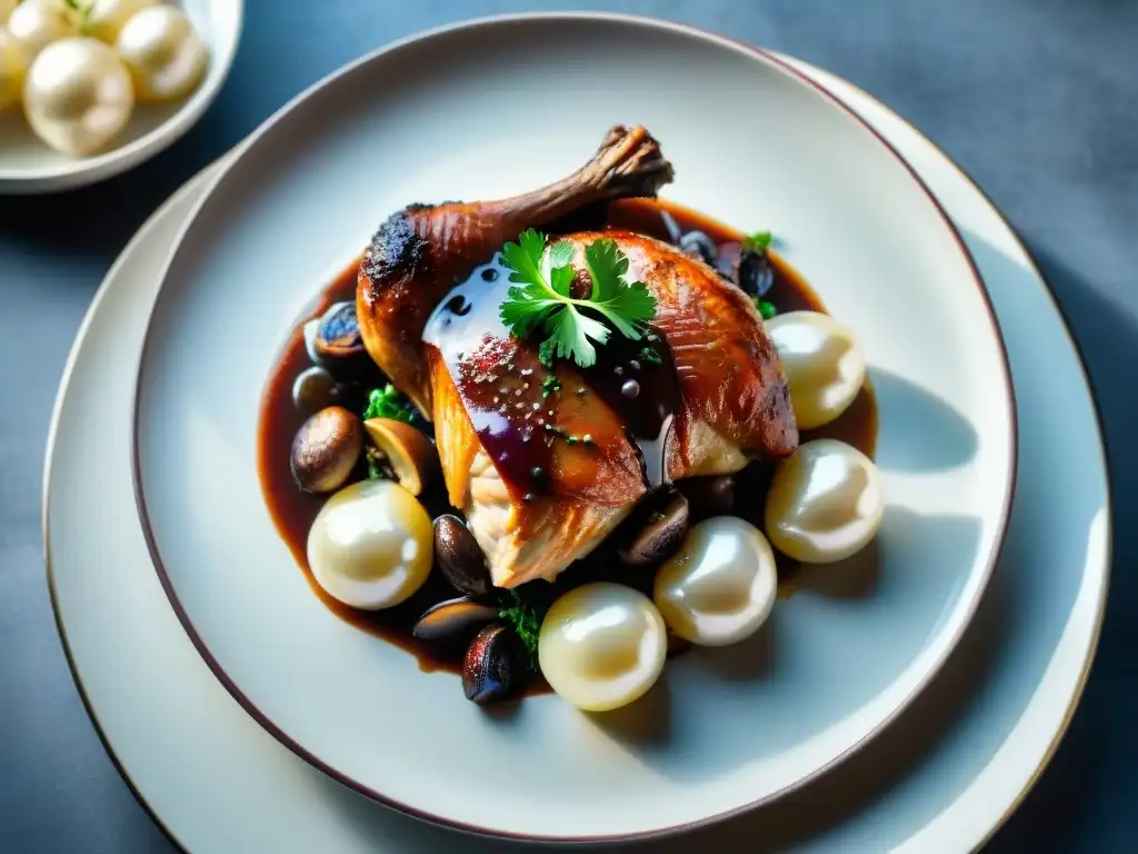 Exquisito Coq au Vin, plato emblemático de la gastronomía francesa