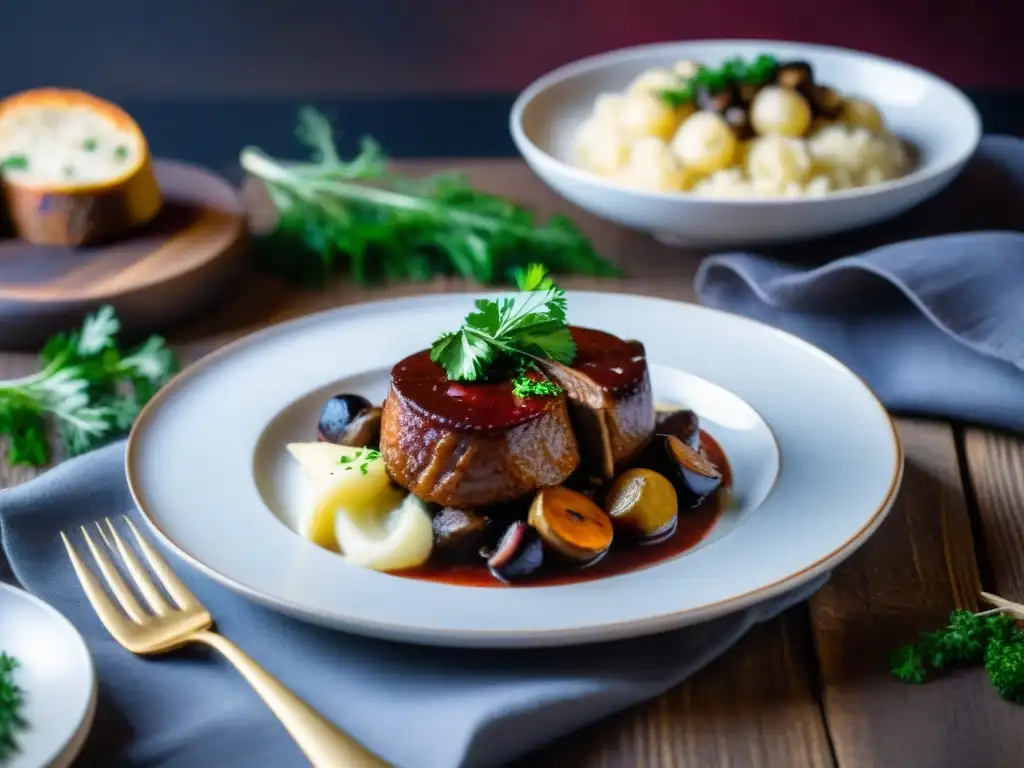 Un exquisito Coq au Vin vegano, con seitan en salsa de vino tinto, setas y hierbas, acompañado de puré y vino rojo vegano