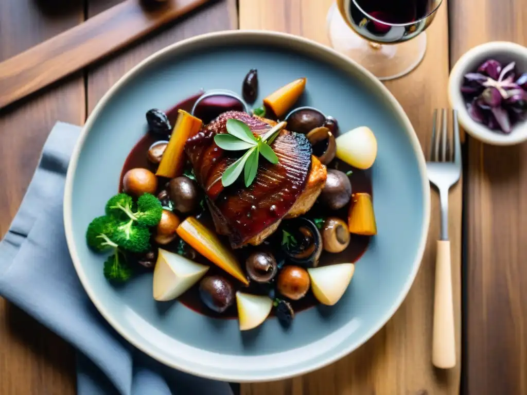Delicioso Coq au Vin vegano: sofisticación en cada bocado Un exquisito Coq au Vin vegano francés en mesa rústica