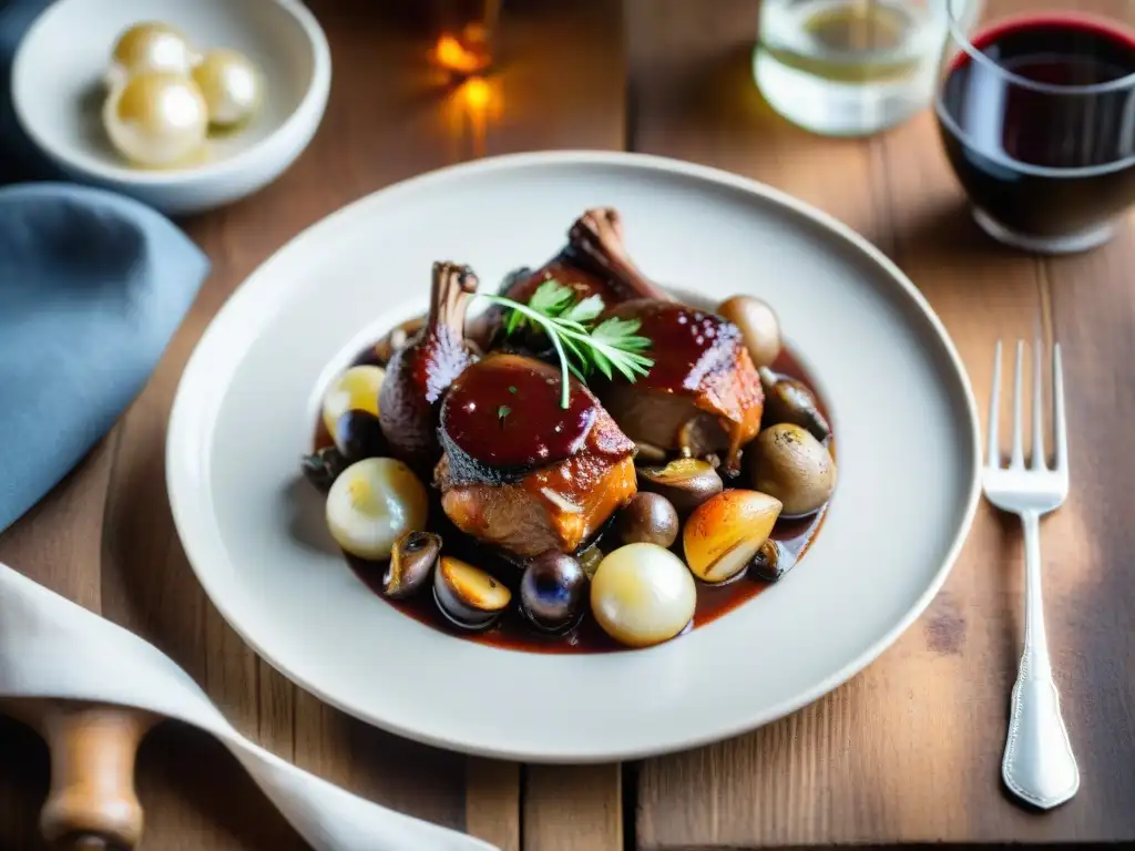 Fotografía de un exquisito Coq au Vin, plato francés, en una mesa rústica iluminada, con salsa brillante y vapor sutil