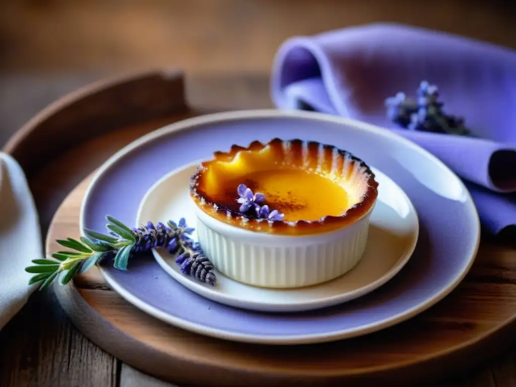 Exquisito crème brûlée de lavanda en ramekin de cerámica, sobre mesa rústica