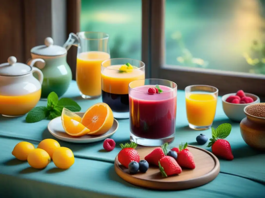 Un exquisito desayuno francés saludable con smoothies, jugos y tés, decorados con frutas frescas y flores comestibles