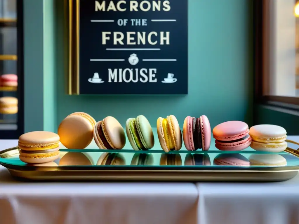 Un exquisito escaparate de repostería francesa con postres ligeros: macarons, tartas de frutas y pasteles de mousse