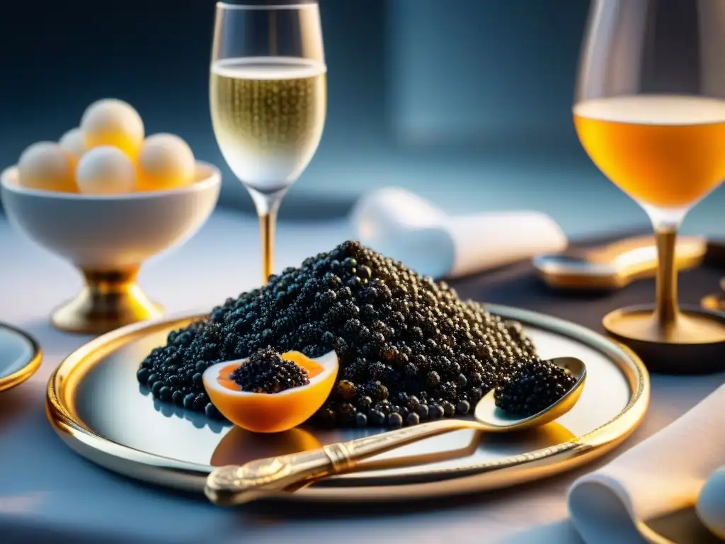 Un exquisito festín de Champán y Caviar Francés en una elegante mesa decorada, con cristalería fina y luz de velas