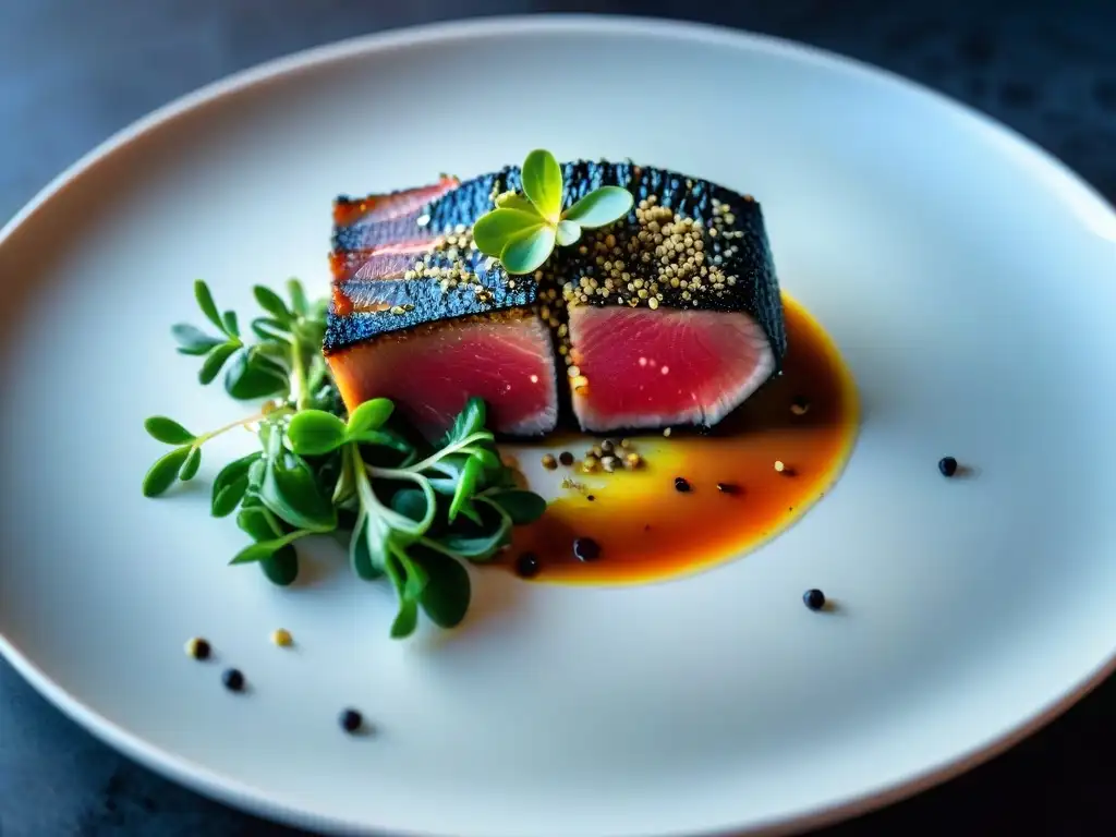 Exquisito filete de atún sellado con costra de sésamo negro sobre un plato blanco, destacando la presentación platos contraste extremo