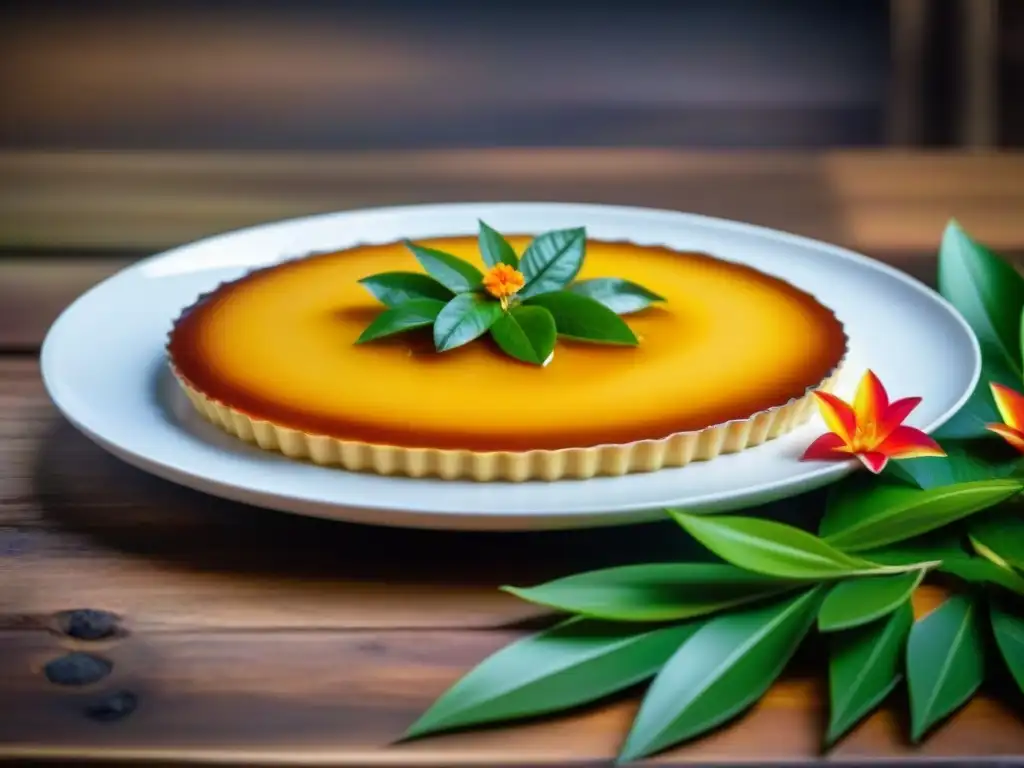 Saborea el exquisito flan de vainilla de Reunión rodeado de flores tropicales y vegetación exuberante