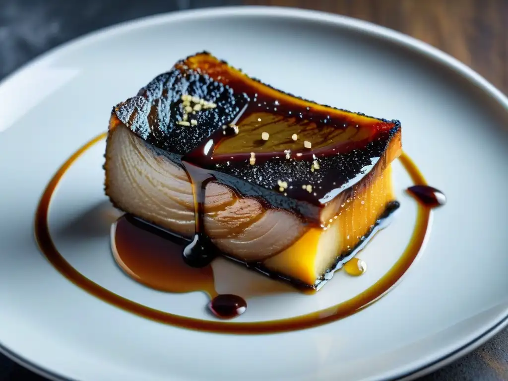 Exquisito foie gras caramelizado con sal marina y balsámico Exquisito foie gras dorado con sal marina y reducción balsámica en plato blanco