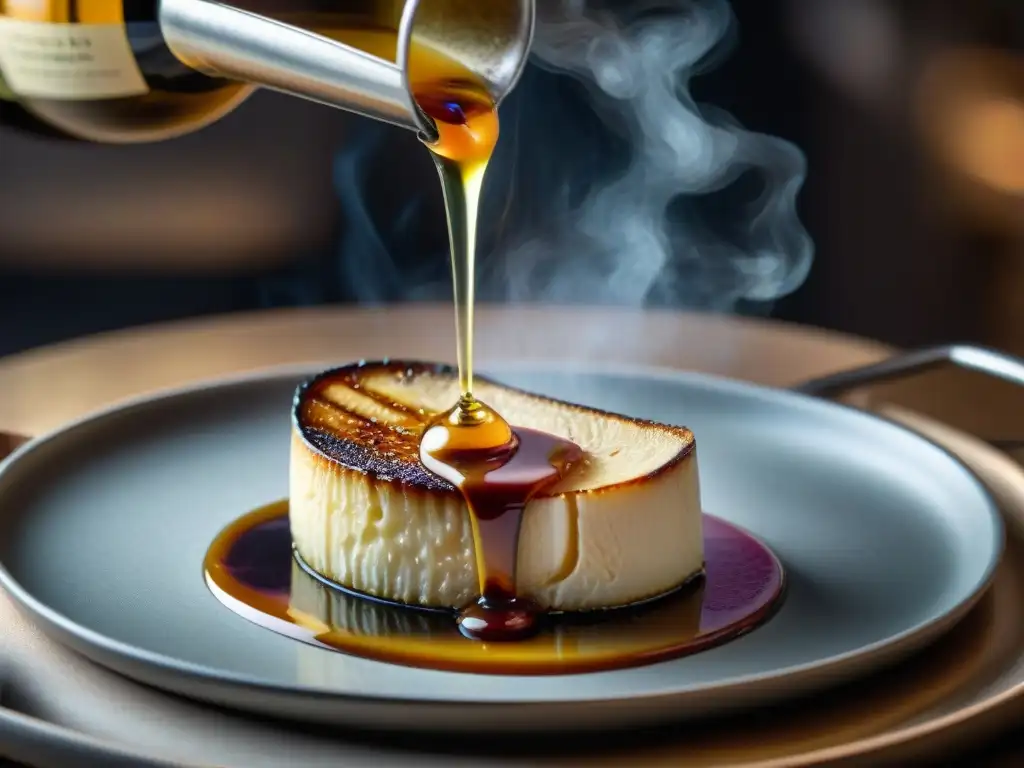 Un exquisito foie gras dorado en una sartén caliente, listo para maridar con vinos Sauternes