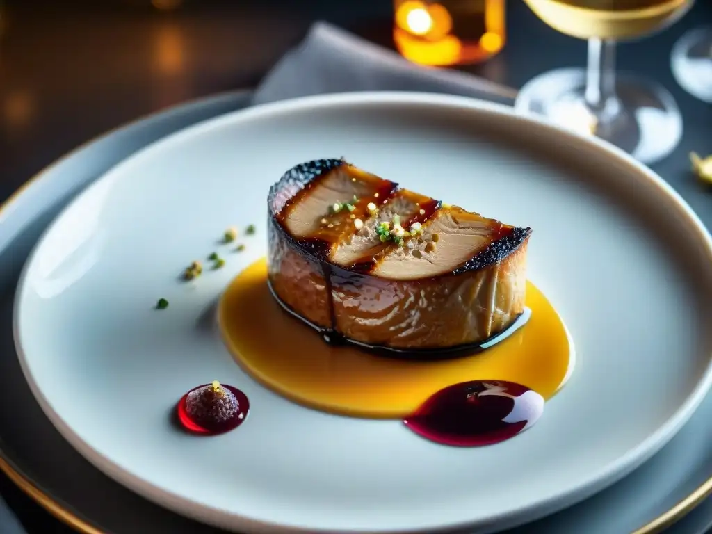 Exquisito foie gras sellado en un plato blanco, bañado en tonos dorados y acompañado de Sauternes