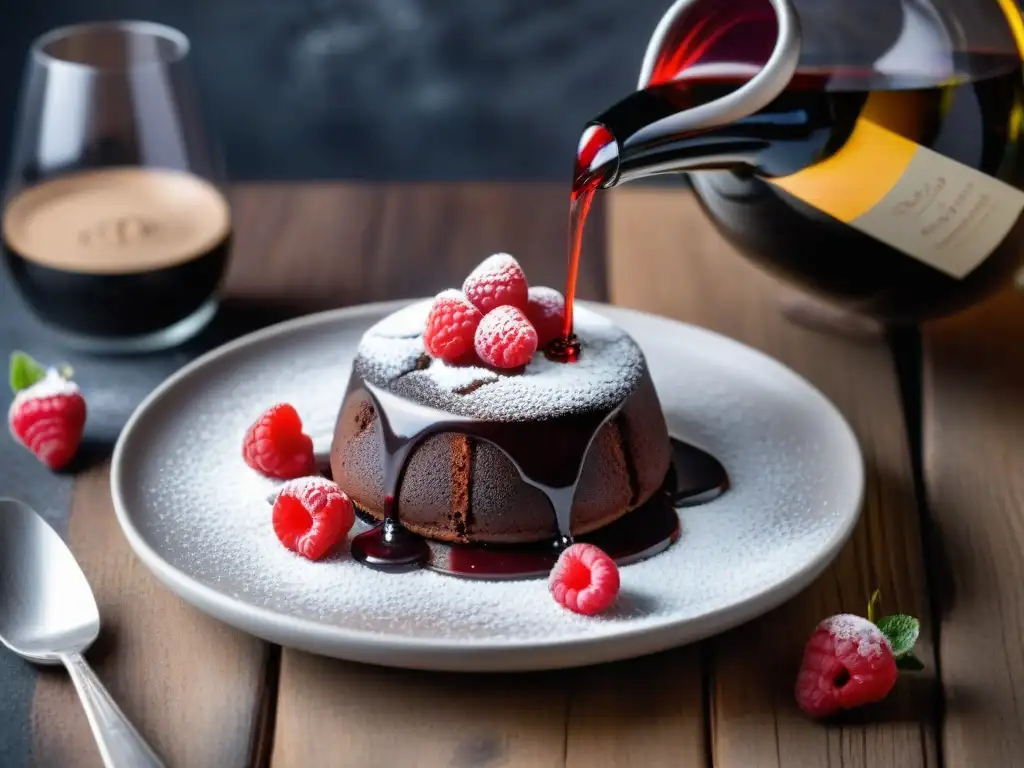 Exquisito fondant de chocolate con frambuesas frescas y vino Bordeaux, ideal para platos franceses